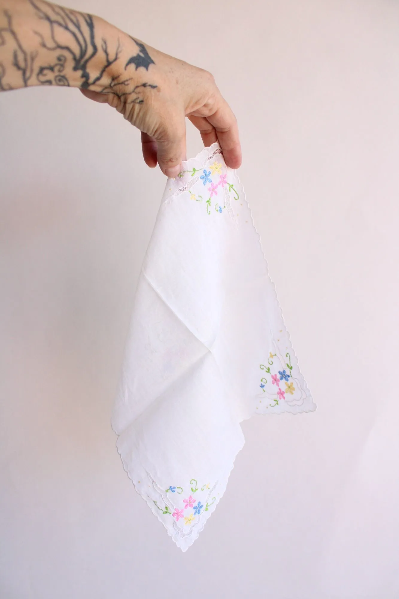 Vintage Pink Blue and Yellow Flower Embroidery on White Cotton Hankie
