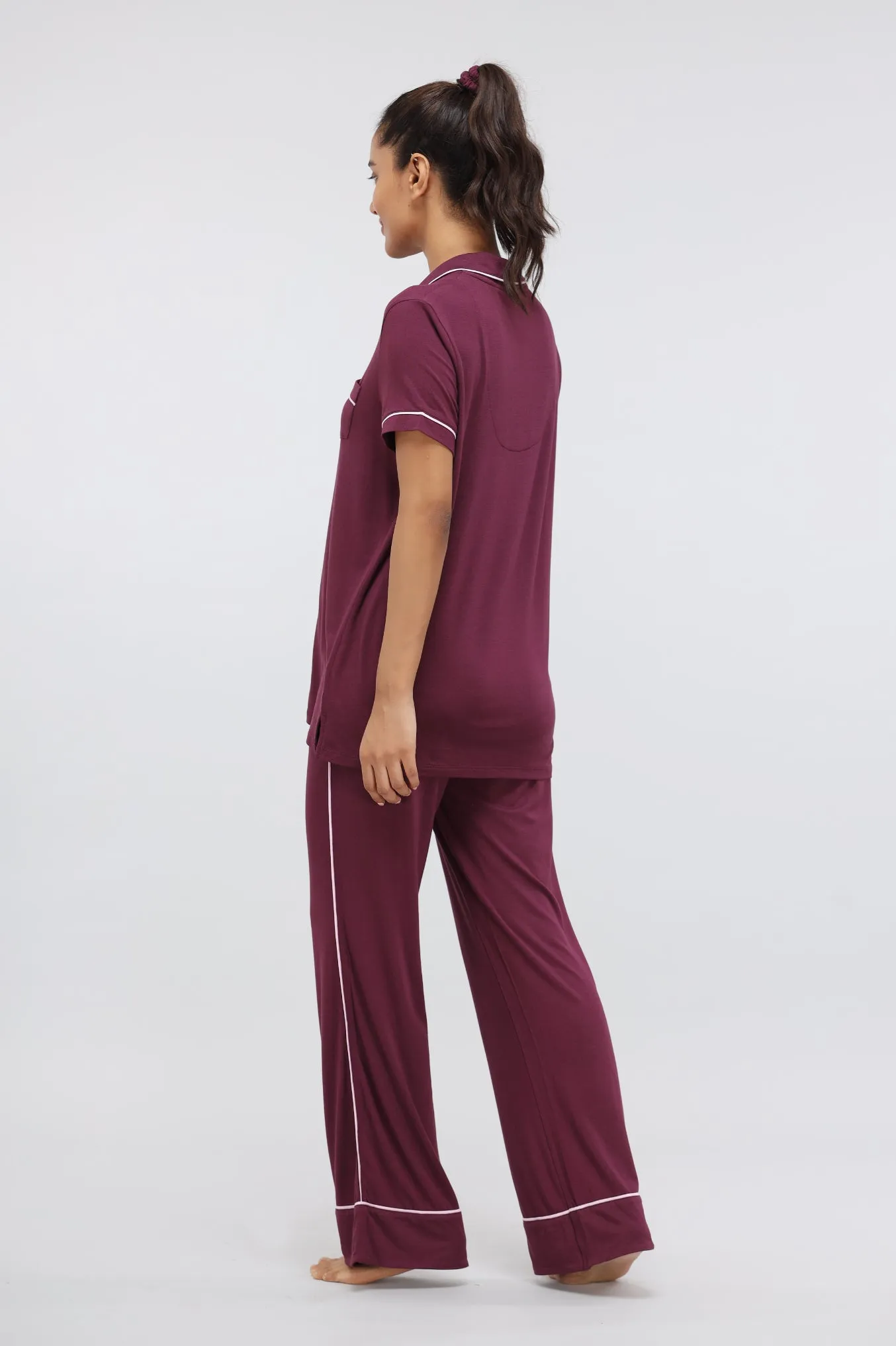 Wine Button Down Piping Modal Pajama Set