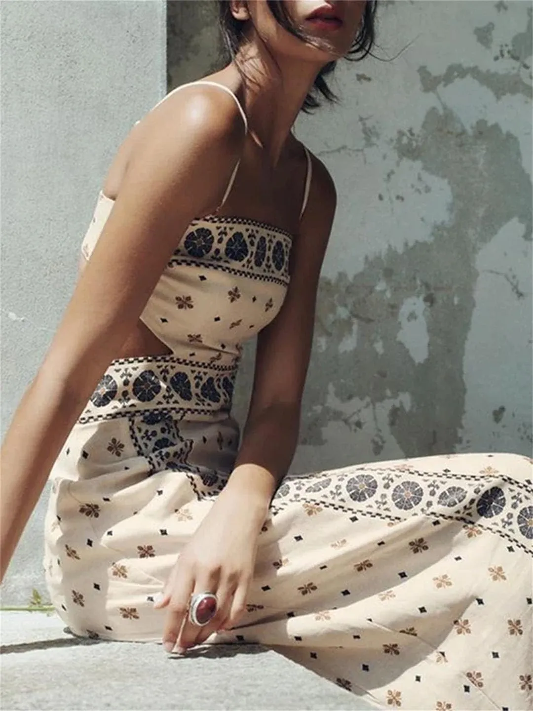 Women Beach Slip Side Exposed Waist Elegant Halter Linen Blend Sleeveless Temperament Slim Fit Long Dress