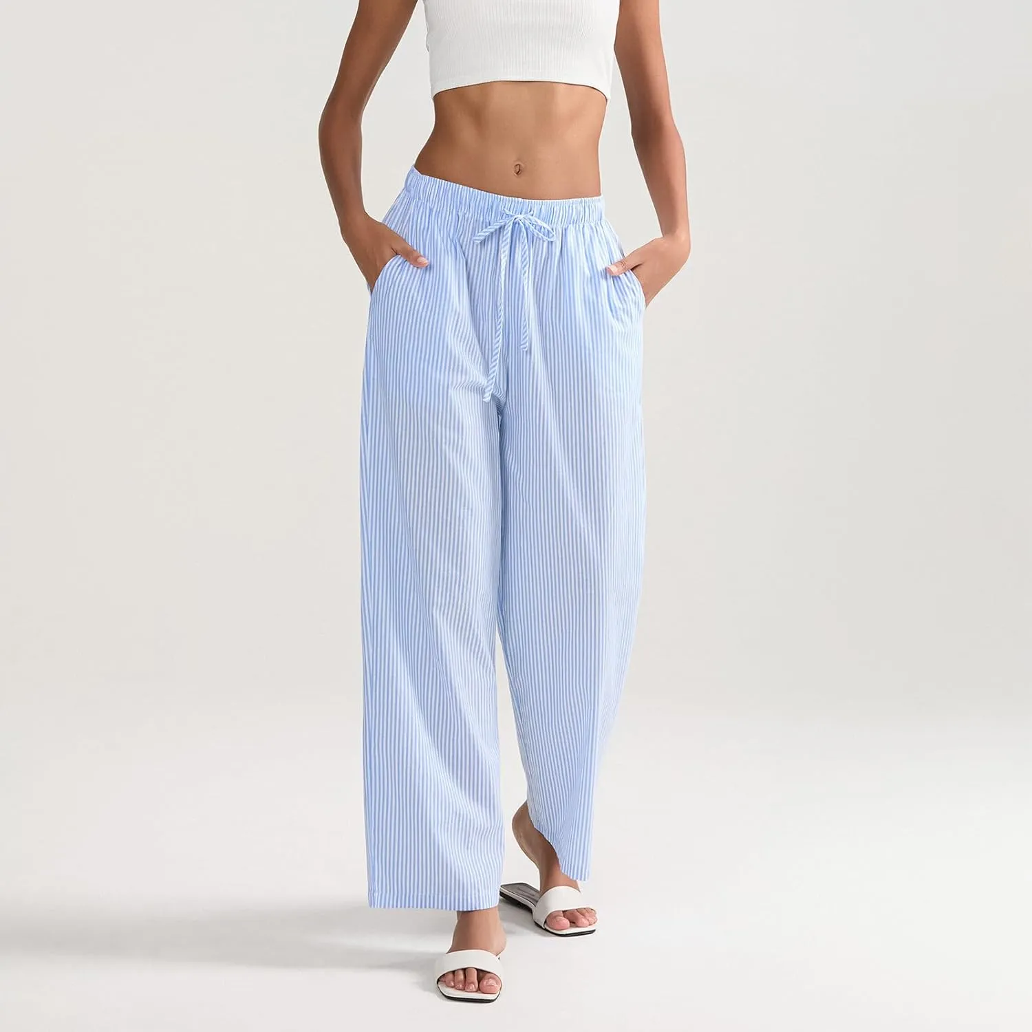 Women Elegant Tall Yoga Pants Wide Leg Drawstring Lounge Pants Striped Loose Straight Sleep Pants with Pockets