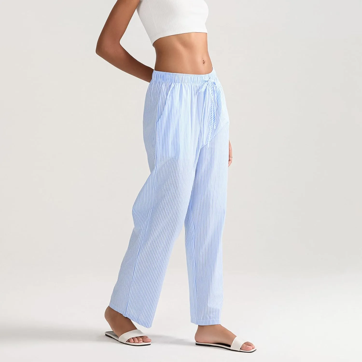Women Elegant Tall Yoga Pants Wide Leg Drawstring Lounge Pants Striped Loose Straight Sleep Pants with Pockets