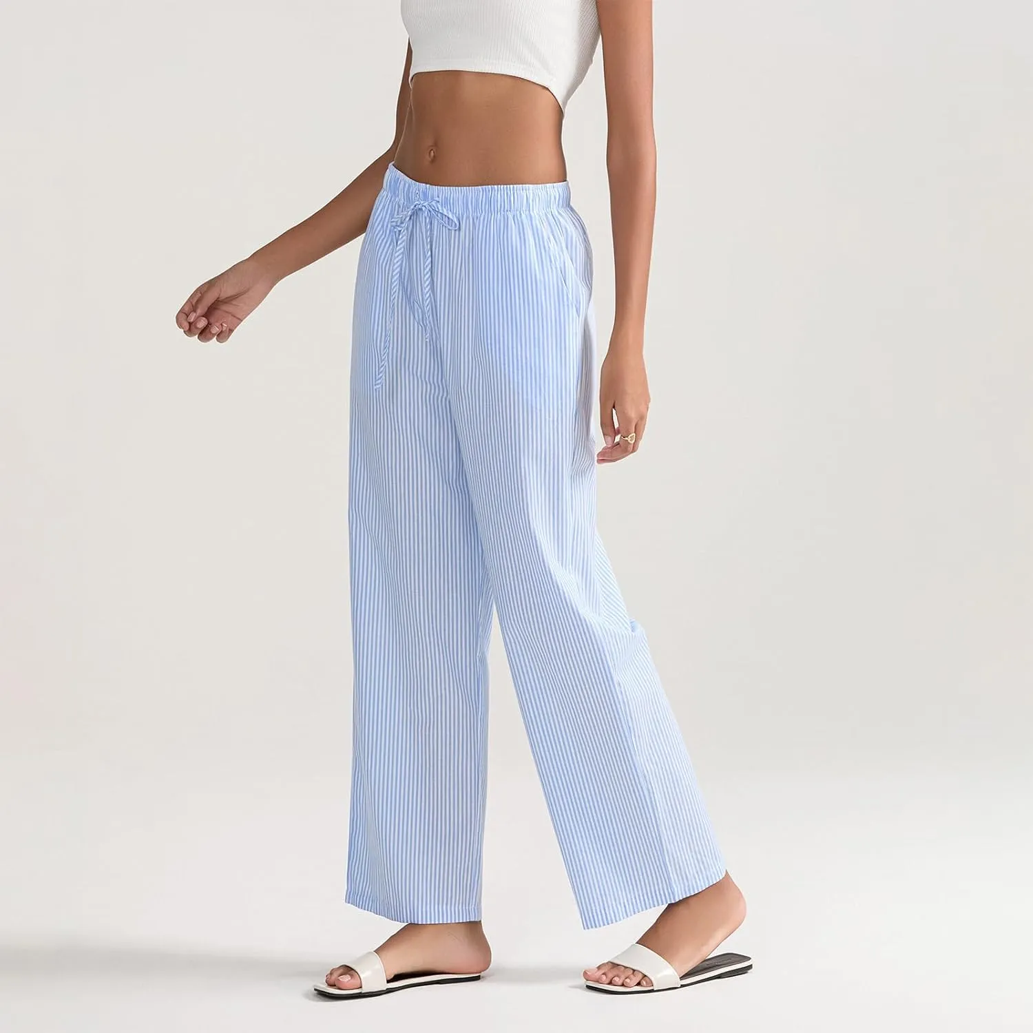 Women Elegant Tall Yoga Pants Wide Leg Drawstring Lounge Pants Striped Loose Straight Sleep Pants with Pockets
