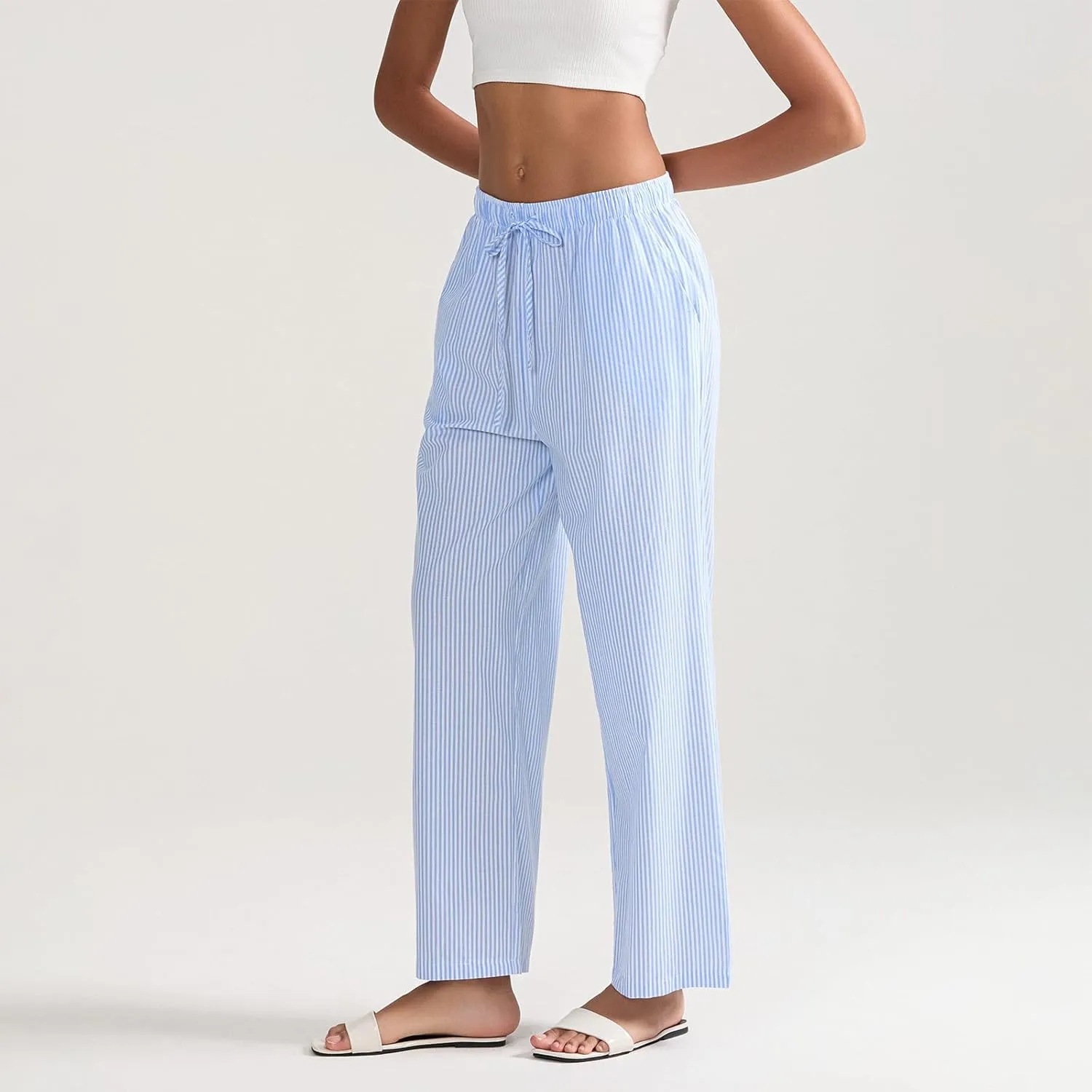 Women Elegant Tall Yoga Pants Wide Leg Drawstring Lounge Pants Striped Loose Straight Sleep Pants with Pockets