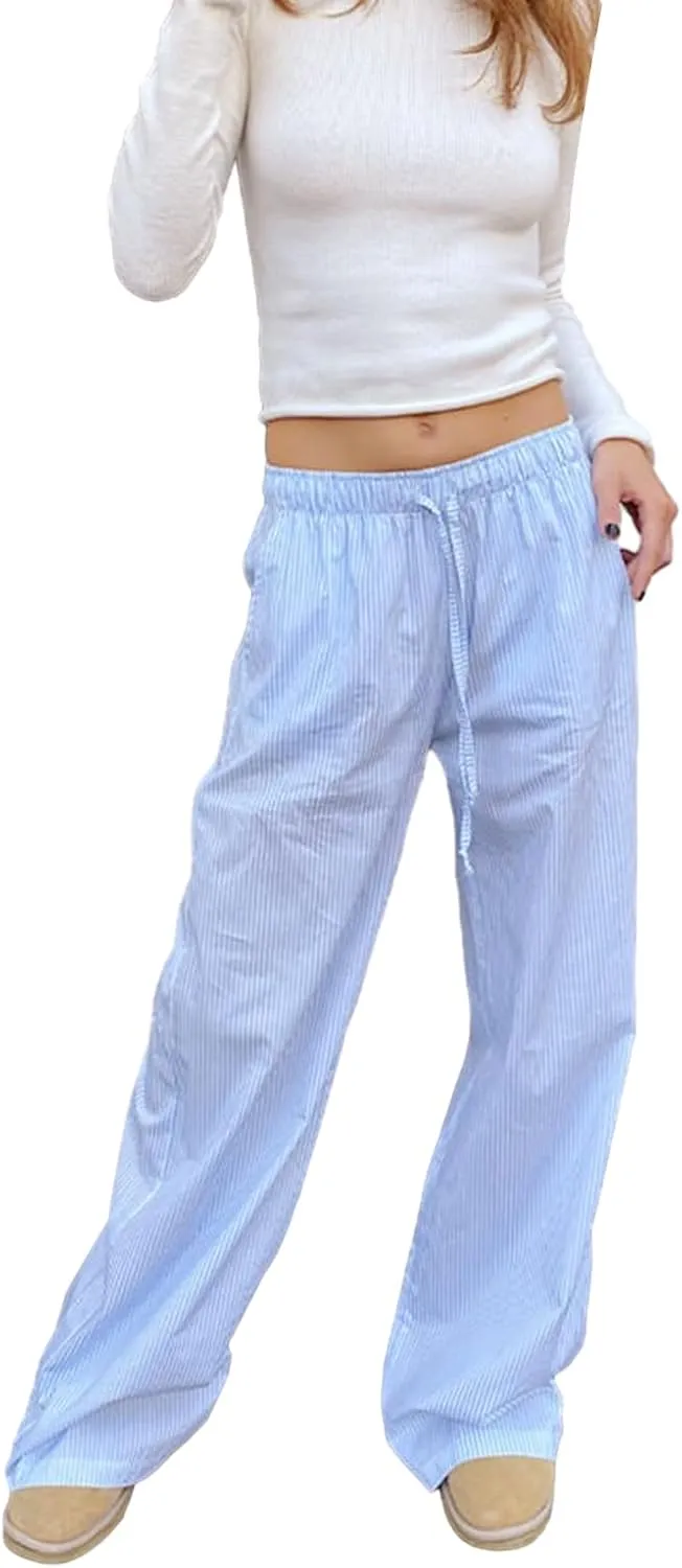 Women Elegant Tall Yoga Pants Wide Leg Drawstring Lounge Pants Striped Loose Straight Sleep Pants with Pockets
