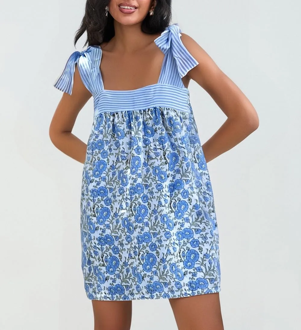 Women Floral Tie Shoulder Mini Dress Cute Square Neck Loose Fit Beach Short Dress Backless Boho Vocation Sundress