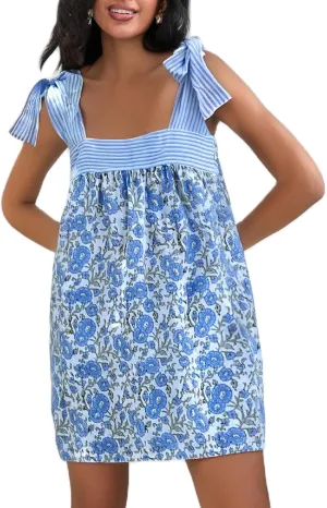 Women Floral Tie Shoulder Mini Dress Cute Square Neck Loose Fit Beach Short Dress Backless Boho Vocation Sundress