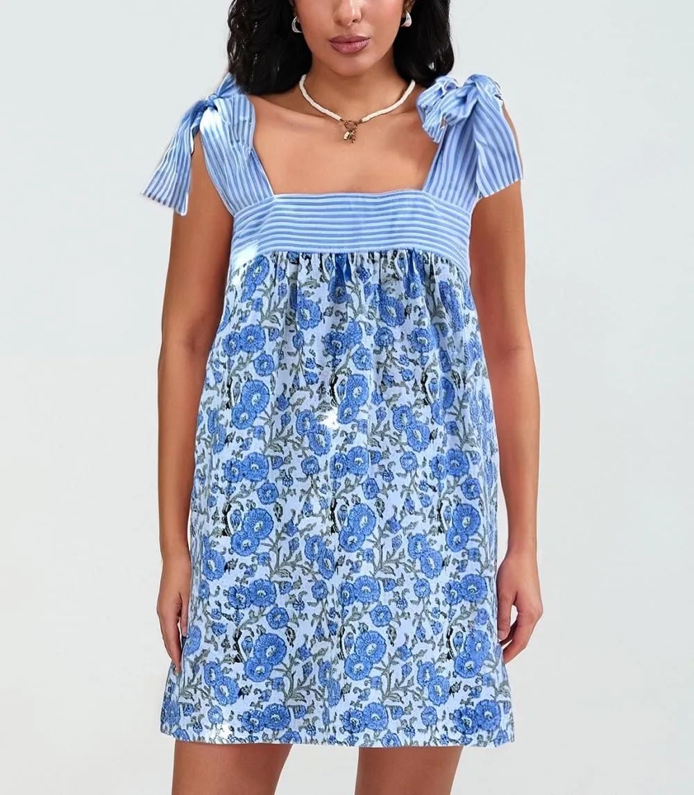 Women Floral Tie Shoulder Mini Dress Cute Square Neck Loose Fit Beach Short Dress Backless Boho Vocation Sundress