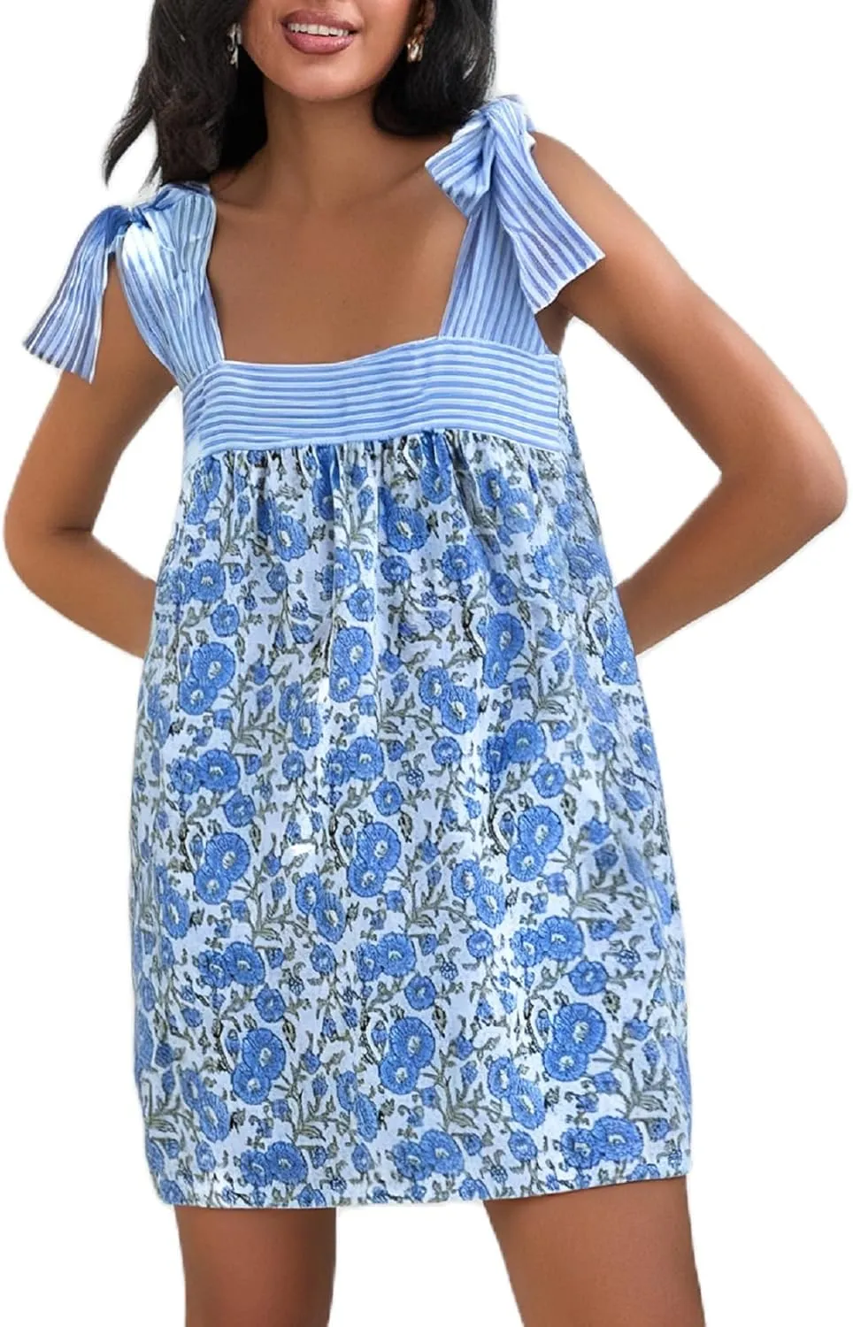 Women Floral Tie Shoulder Mini Dress Cute Square Neck Loose Fit Beach Short Dress Backless Boho Vocation Sundress