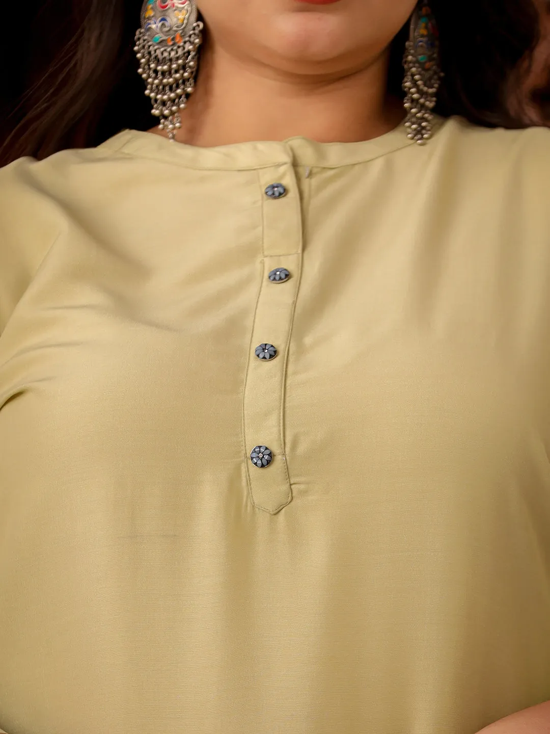 Women Plus Size Green Silk Blend Kurta
