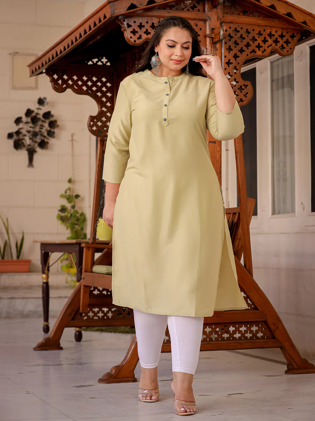 Women Plus Size Green Silk Blend Kurta