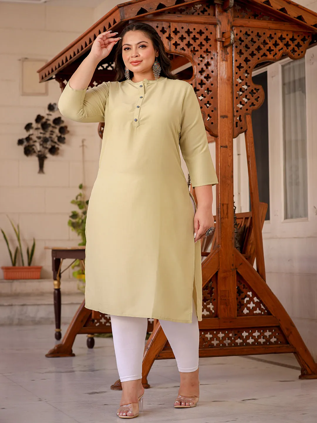 Women Plus Size Green Silk Blend Kurta