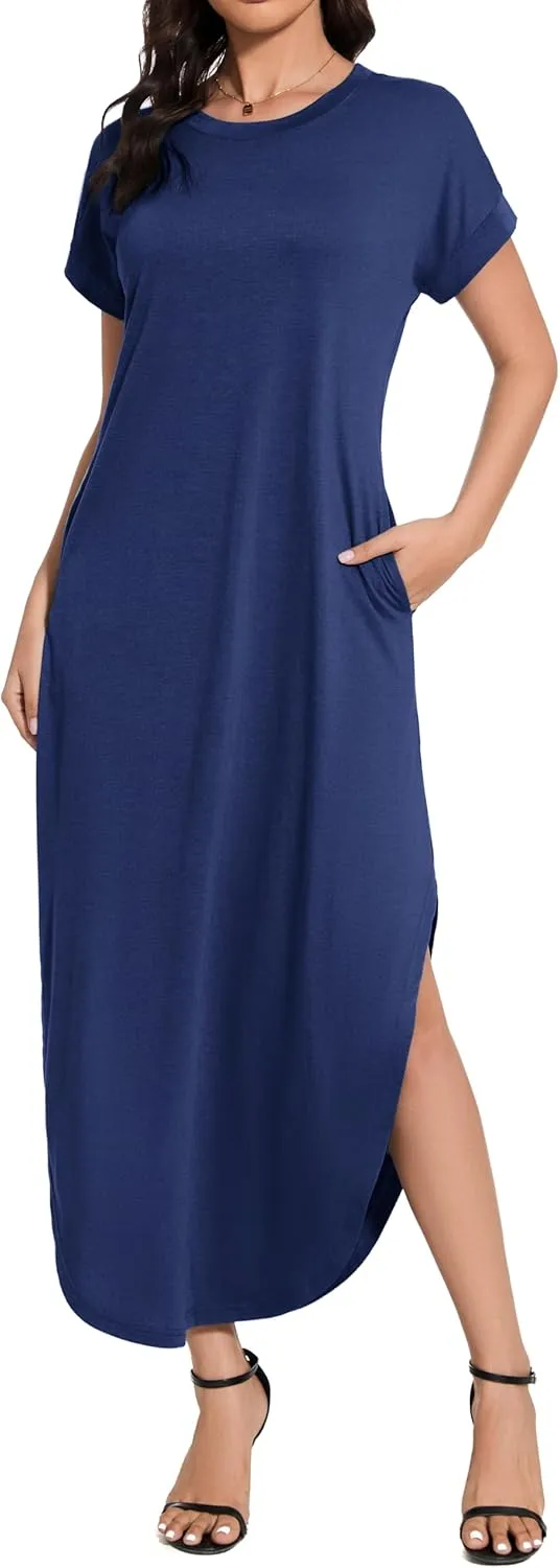 Women Summer Long Sundress Crewneck Short Sleeve Maxi Dress 2025 Casual Loose Beach Dress with Pockets