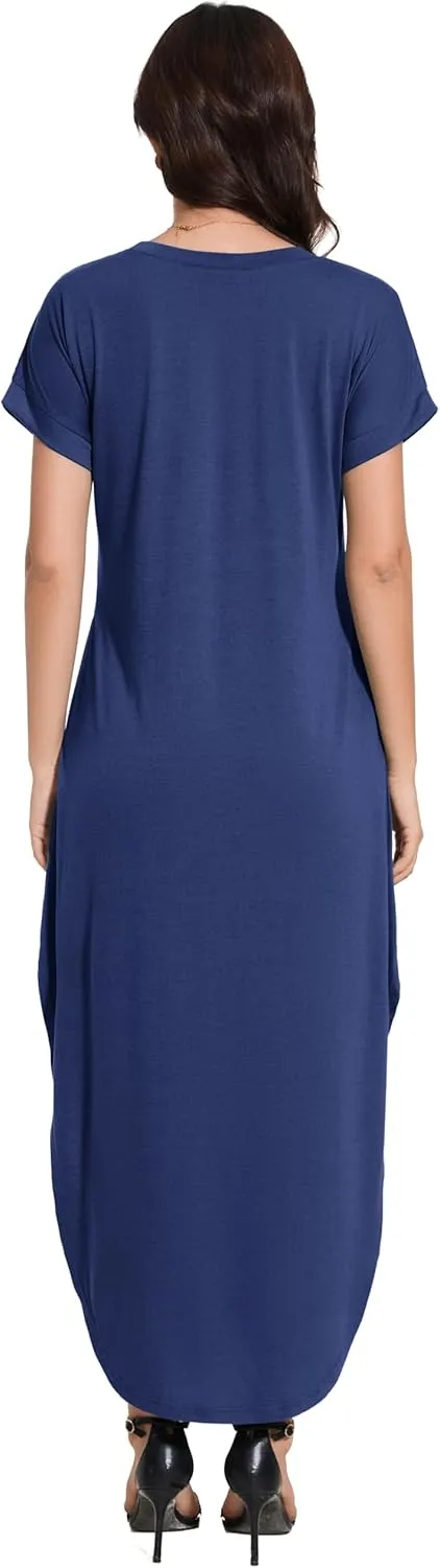Women Summer Long Sundress Crewneck Short Sleeve Maxi Dress 2025 Casual Loose Beach Dress with Pockets