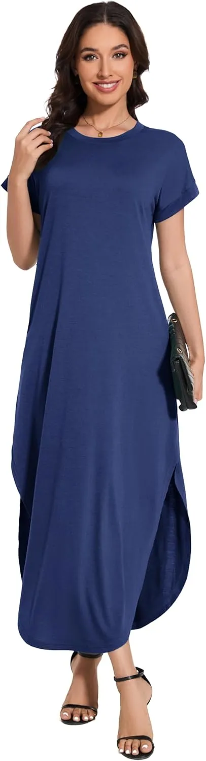 Women Summer Long Sundress Crewneck Short Sleeve Maxi Dress 2025 Casual Loose Beach Dress with Pockets