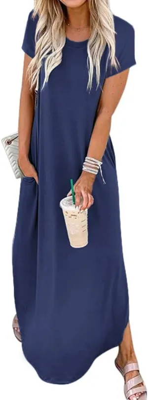 Women Summer Long Sundress Crewneck Short Sleeve Maxi Dress 2025 Casual Loose Beach Dress with Pockets