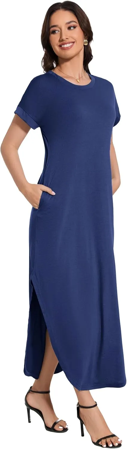 Women Summer Long Sundress Crewneck Short Sleeve Maxi Dress 2025 Casual Loose Beach Dress with Pockets