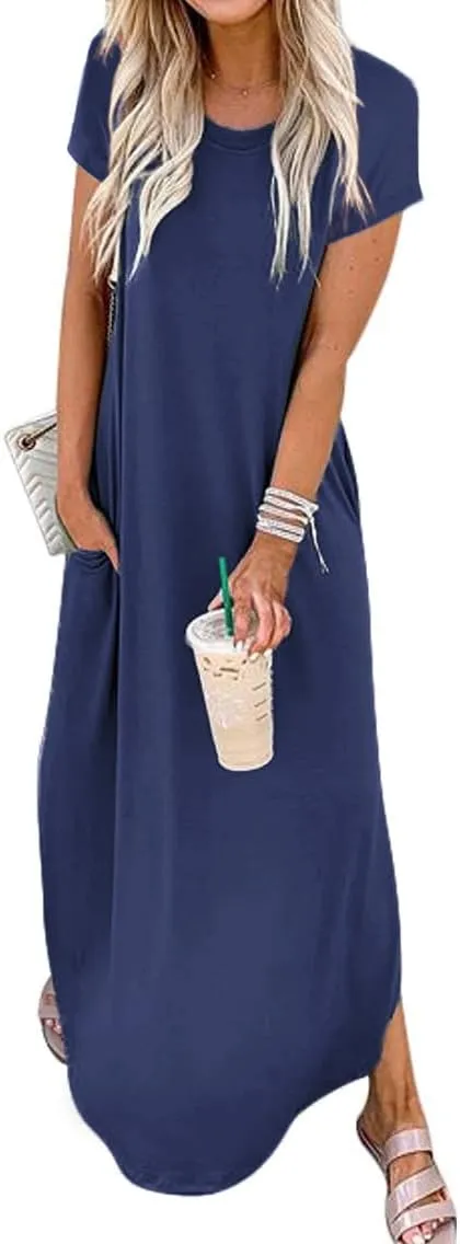 Women Summer Long Sundress Crewneck Short Sleeve Maxi Dress 2025 Casual Loose Beach Dress with Pockets