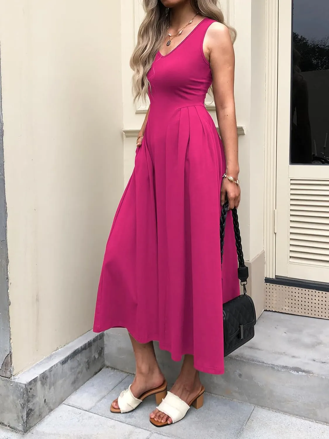 Women Summer Sleeveless Casual Dresses Pleated Waist Elegant Midi A-Line Flowy Swing Dress Sundress with Pockets