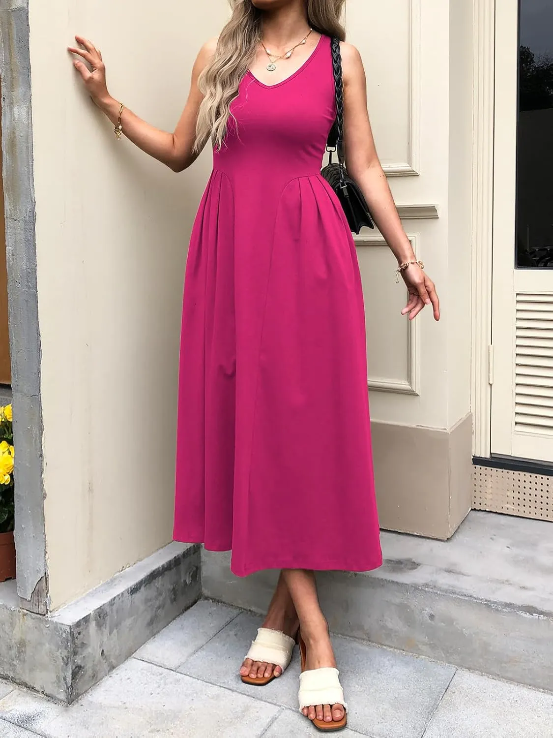Women Summer Sleeveless Casual Dresses Pleated Waist Elegant Midi A-Line Flowy Swing Dress Sundress with Pockets