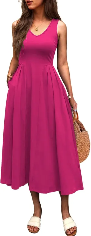 Women Summer Sleeveless Casual Dresses Pleated Waist Elegant Midi A-Line Flowy Swing Dress Sundress with Pockets