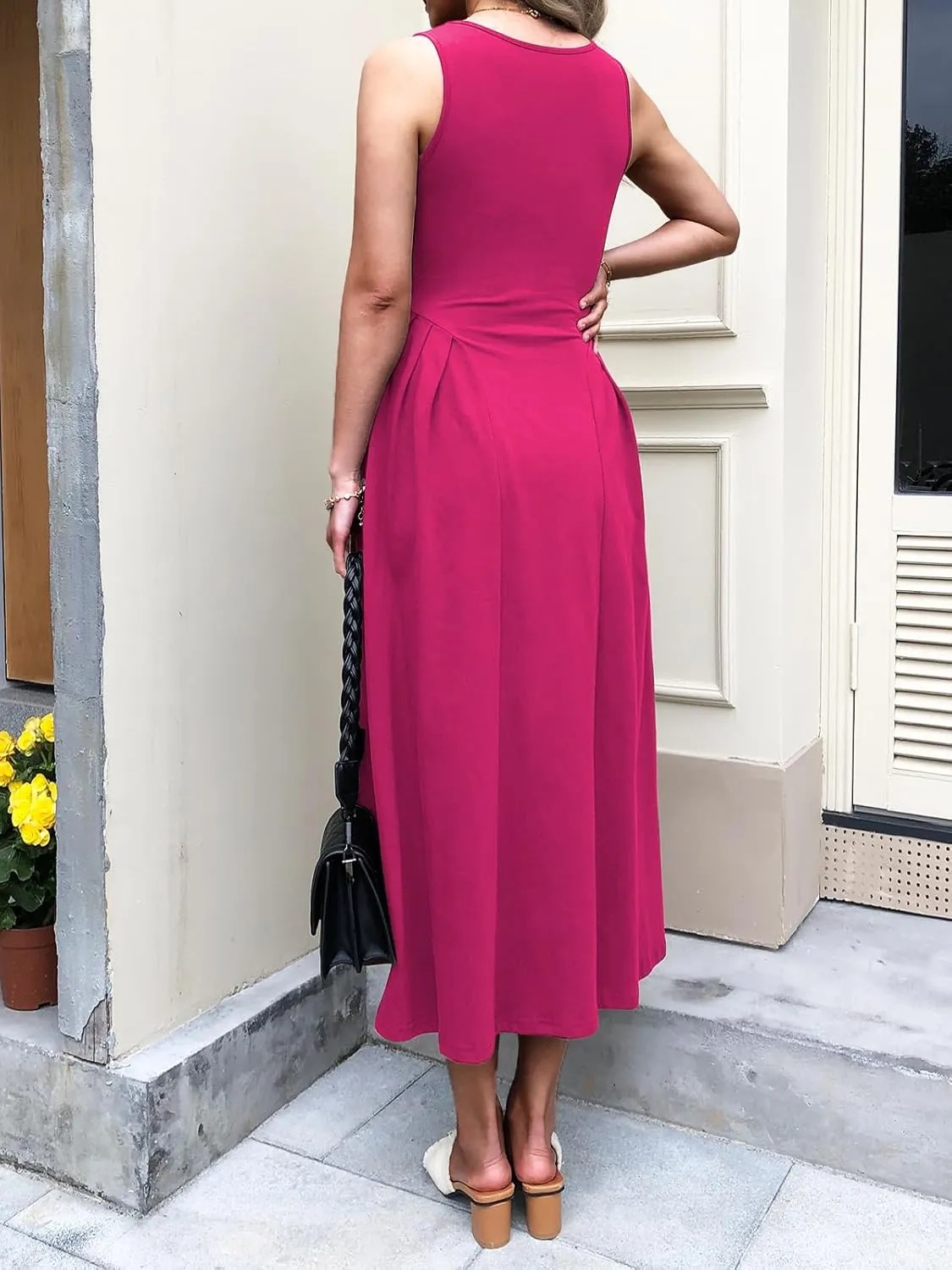 Women Summer Sleeveless Casual Dresses Pleated Waist Elegant Midi A-Line Flowy Swing Dress Sundress with Pockets