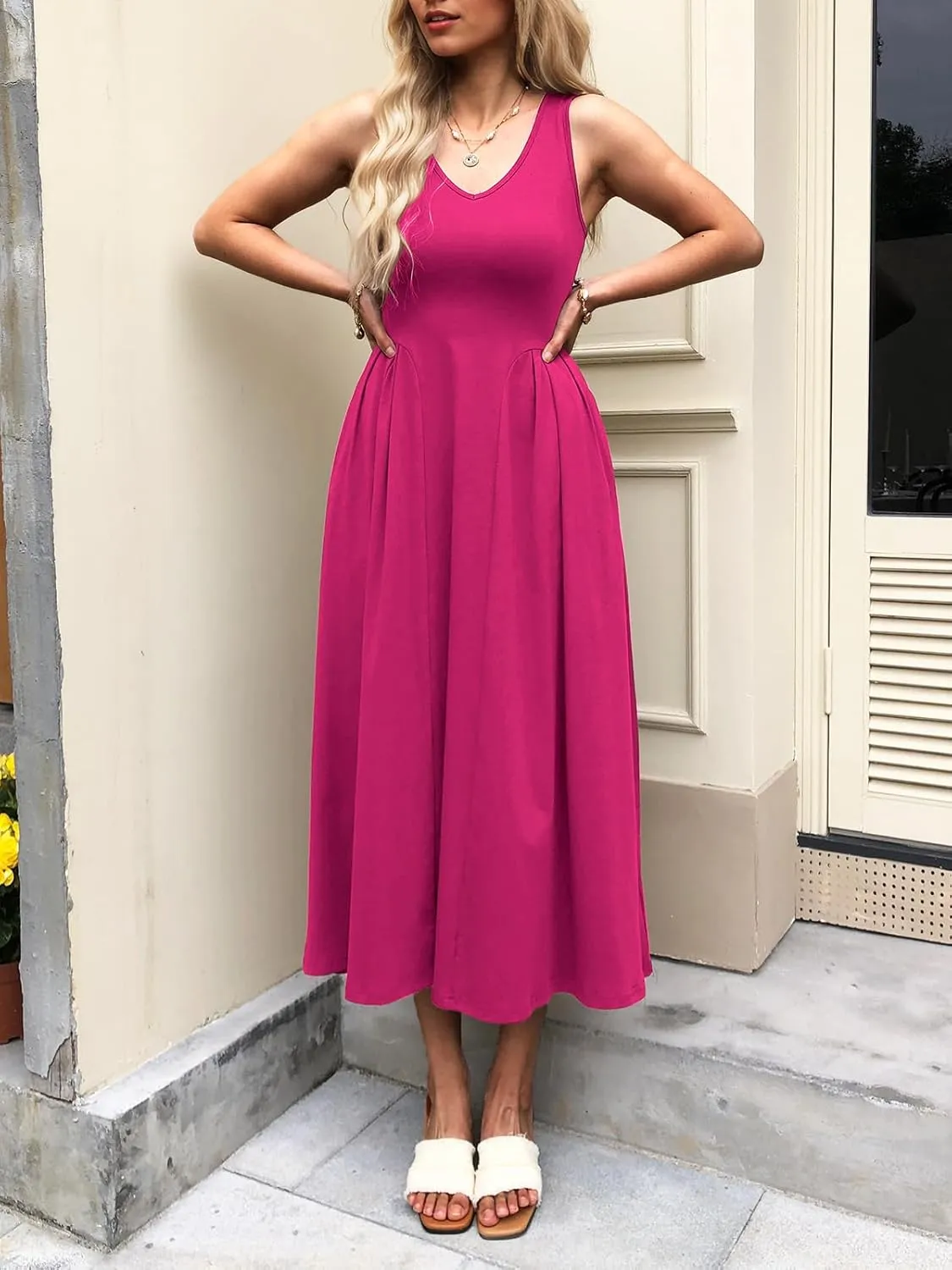 Women Summer Sleeveless Casual Dresses Pleated Waist Elegant Midi A-Line Flowy Swing Dress Sundress with Pockets