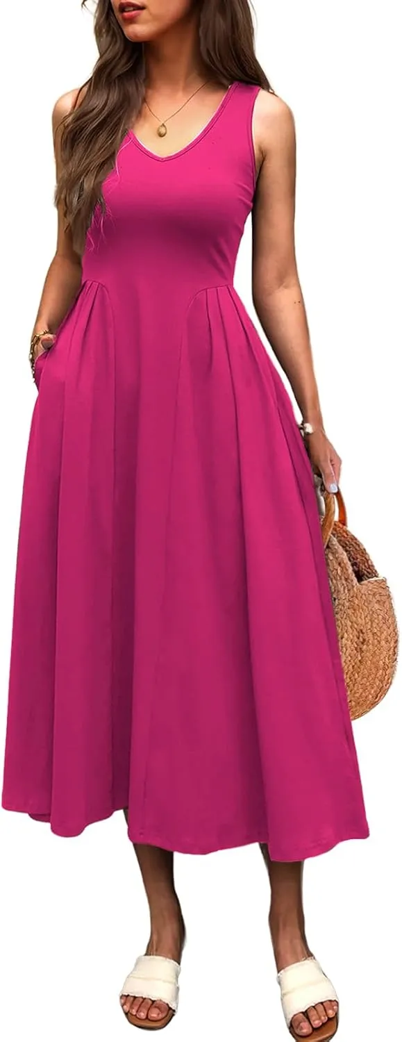 Women Summer Sleeveless Casual Dresses Pleated Waist Elegant Midi A-Line Flowy Swing Dress Sundress with Pockets