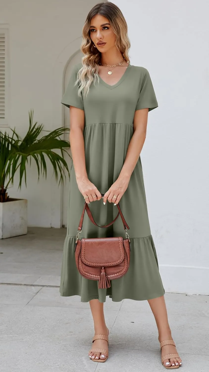 Women's 2025 Summer Short Sleeve V Neck Swing Dress Flowy Tiered Maxi Beach Sundress with Pockets