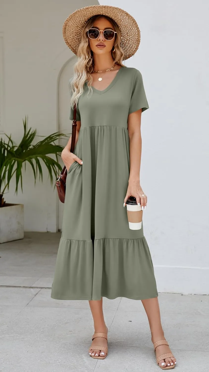 Women's 2025 Summer Short Sleeve V Neck Swing Dress Flowy Tiered Maxi Beach Sundress with Pockets