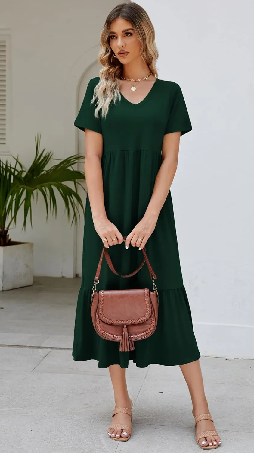 Women's 2025 Summer Short Sleeve V Neck Swing Dress Flowy Tiered Maxi Beach Sundress with Pockets