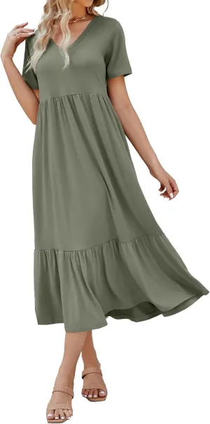 Women's 2025 Summer Short Sleeve V Neck Swing Dress Flowy Tiered Maxi Beach Sundress with Pockets