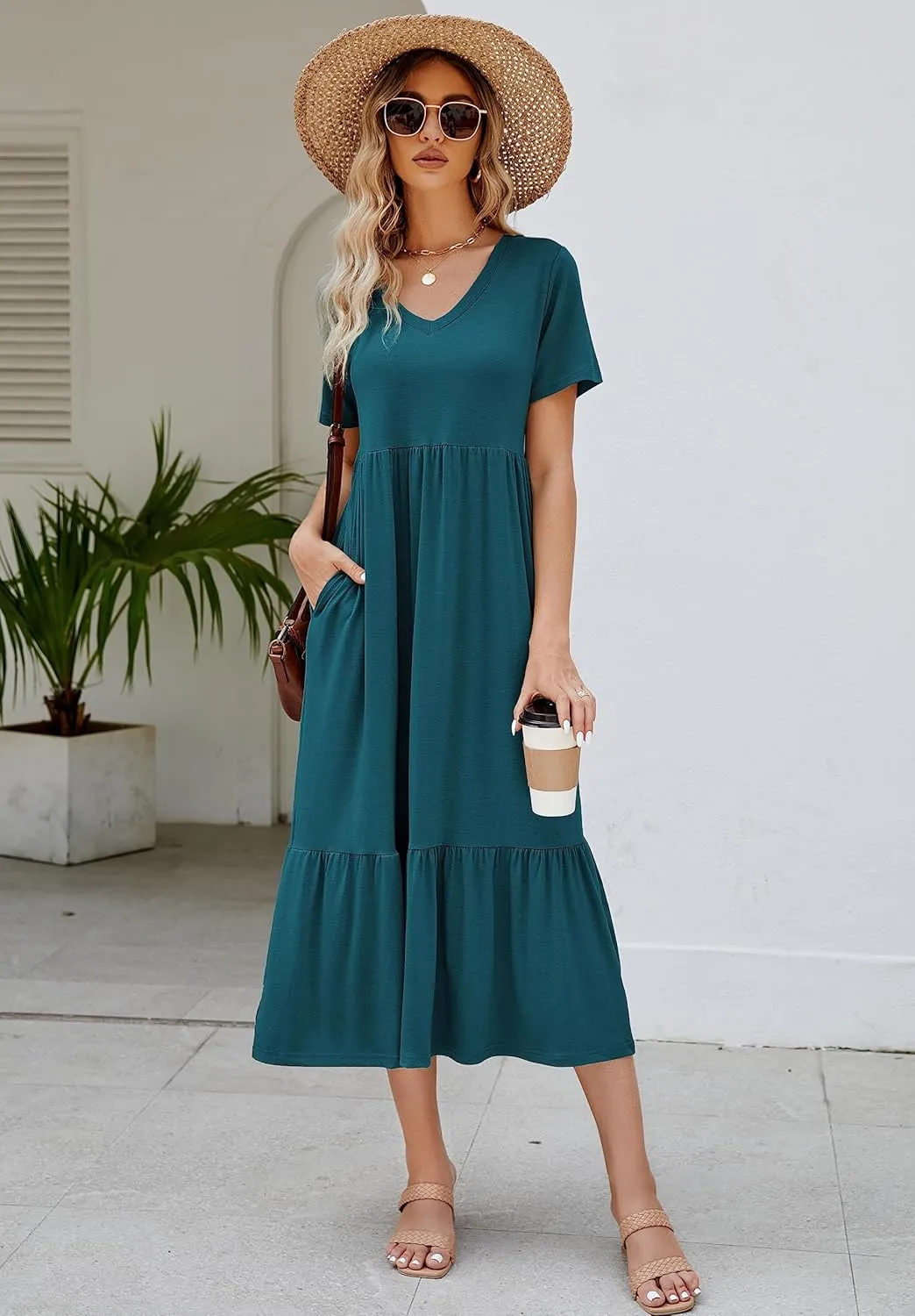 Women's 2025 Summer Short Sleeve V Neck Swing Dress Flowy Tiered Maxi Beach Sundress with Pockets