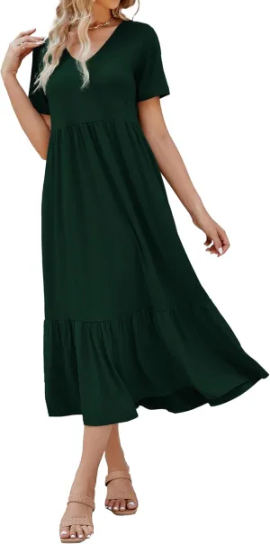 Women's 2025 Summer Short Sleeve V Neck Swing Dress Flowy Tiered Maxi Beach Sundress with Pockets