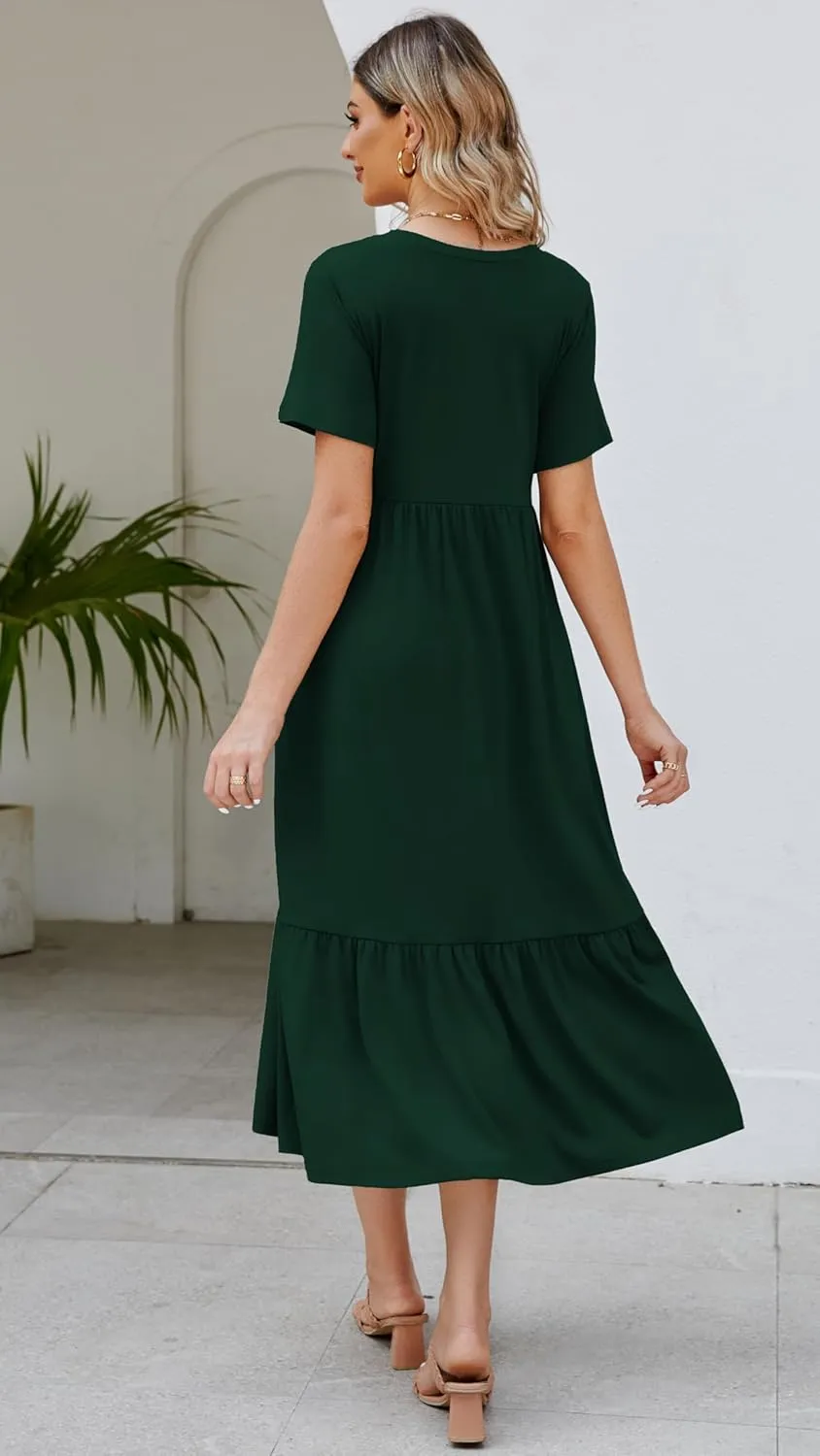 Women's 2025 Summer Short Sleeve V Neck Swing Dress Flowy Tiered Maxi Beach Sundress with Pockets