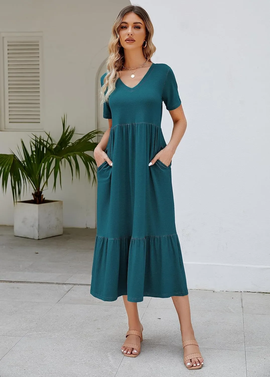 Women's 2025 Summer Short Sleeve V Neck Swing Dress Flowy Tiered Maxi Beach Sundress with Pockets