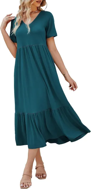 Women's 2025 Summer Short Sleeve V Neck Swing Dress Flowy Tiered Maxi Beach Sundress with Pockets