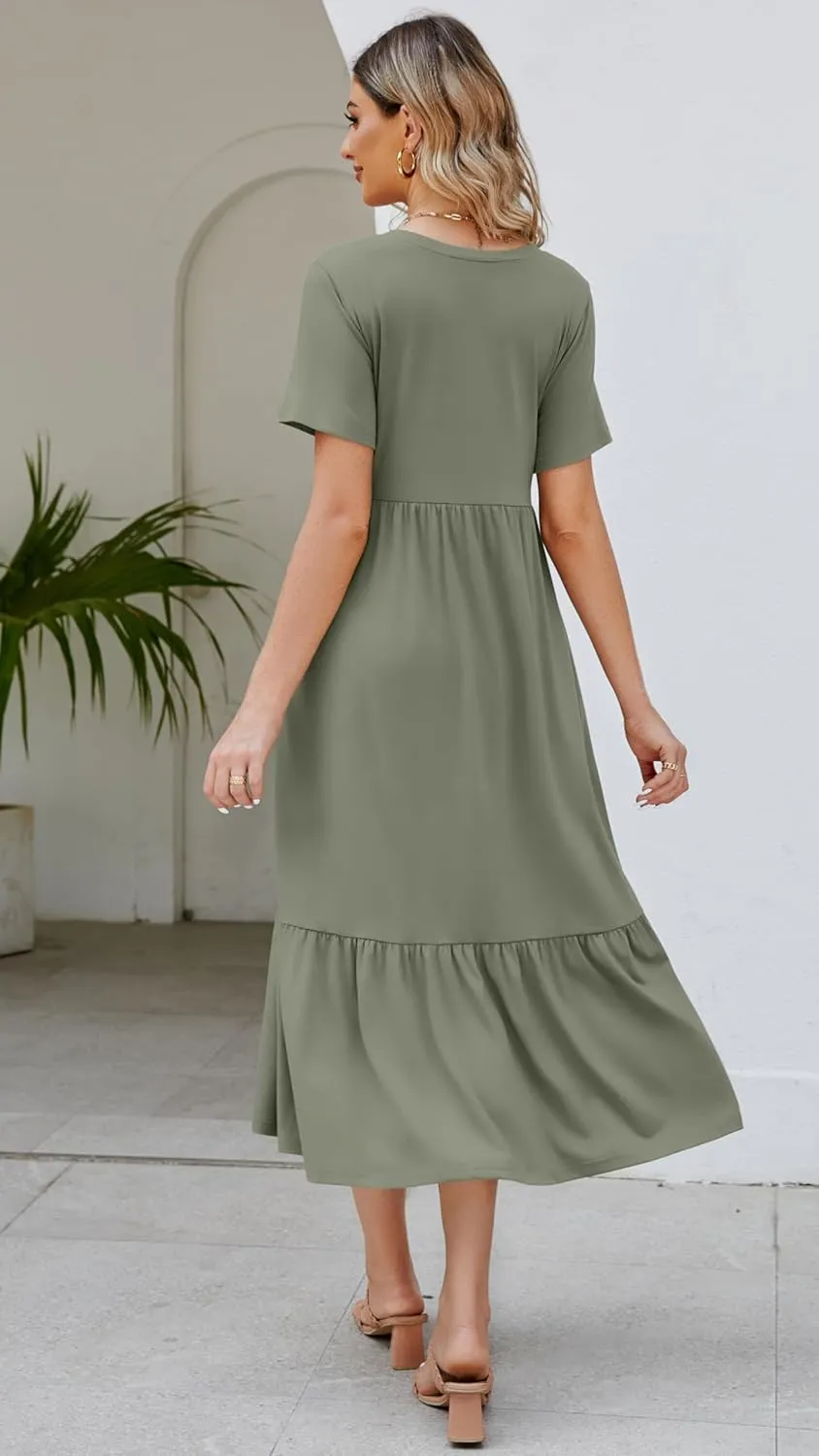 Women's 2025 Summer Short Sleeve V Neck Swing Dress Flowy Tiered Maxi Beach Sundress with Pockets