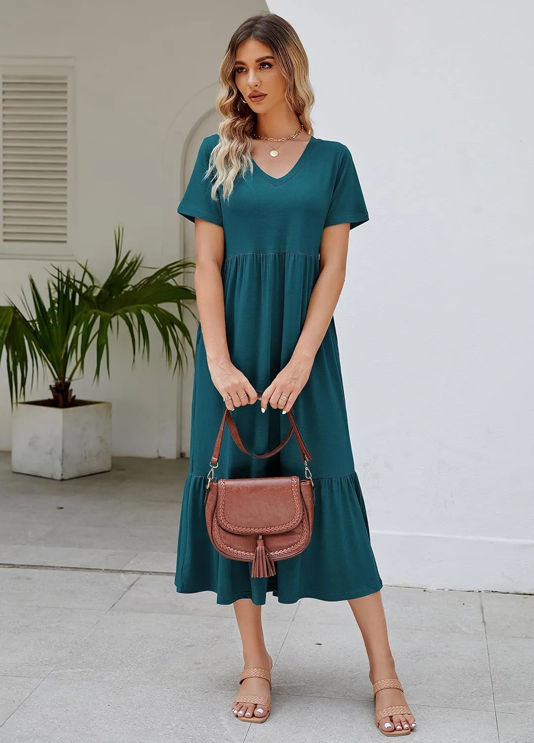 Women's 2025 Summer Short Sleeve V Neck Swing Dress Flowy Tiered Maxi Beach Sundress with Pockets