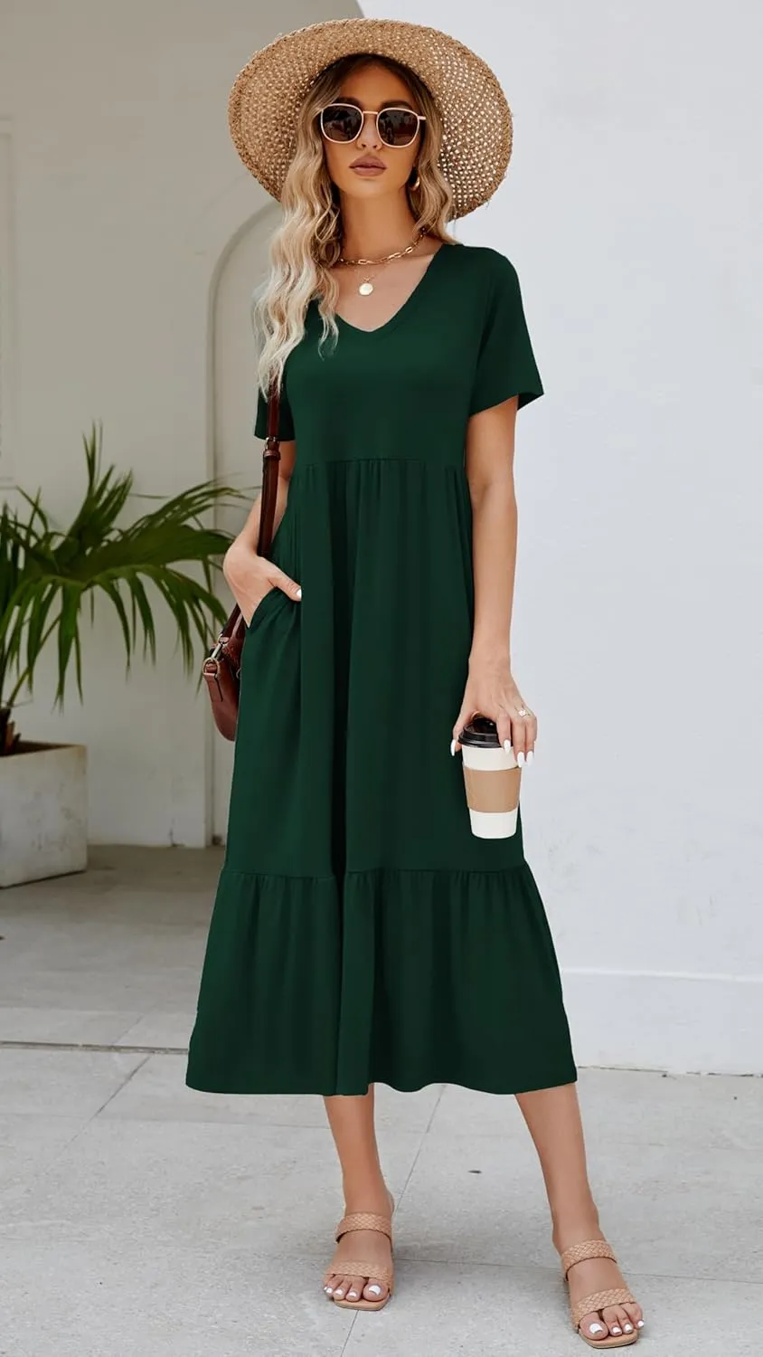 Women's 2025 Summer Short Sleeve V Neck Swing Dress Flowy Tiered Maxi Beach Sundress with Pockets