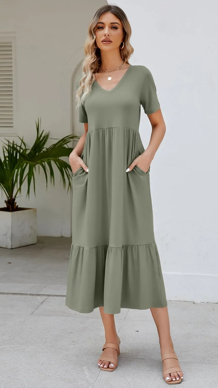 Women's 2025 Summer Short Sleeve V Neck Swing Dress Flowy Tiered Maxi Beach Sundress with Pockets