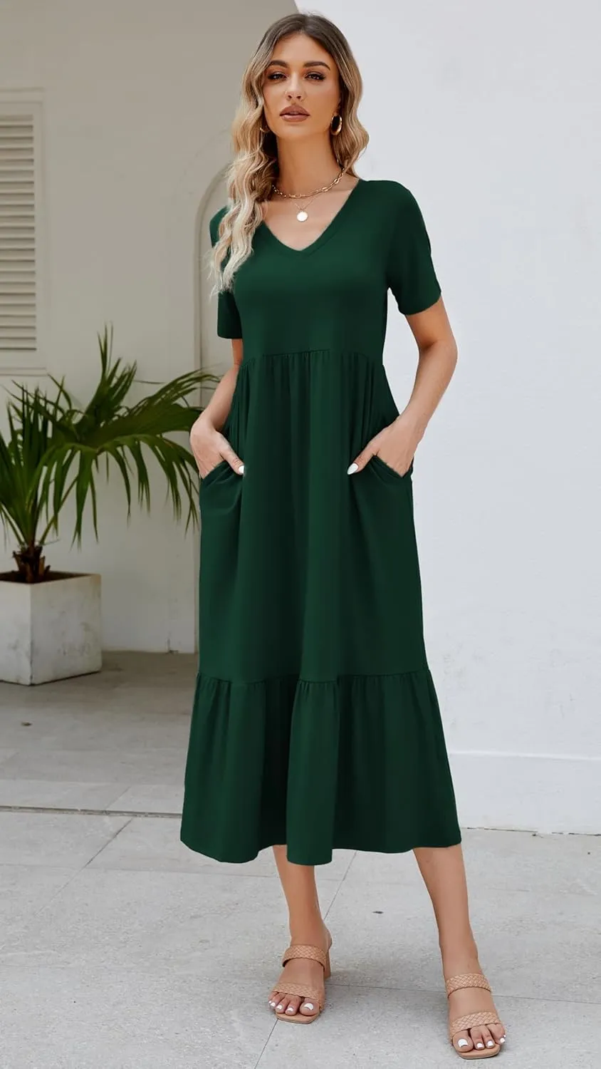 Women's 2025 Summer Short Sleeve V Neck Swing Dress Flowy Tiered Maxi Beach Sundress with Pockets
