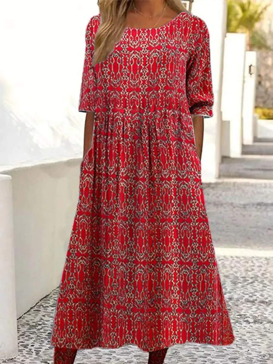 Women's Boho Floral Flowy A Line Midi Dress Loose Summer Casual Short Sleeve Beach Vacation Dresses with Pockets