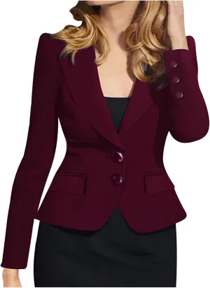 Women's Casual Work Office Blazer Double Notch Lapel Sharp Shoulder Pad Single Tunic Button Peplum Comfy Suit Jacket