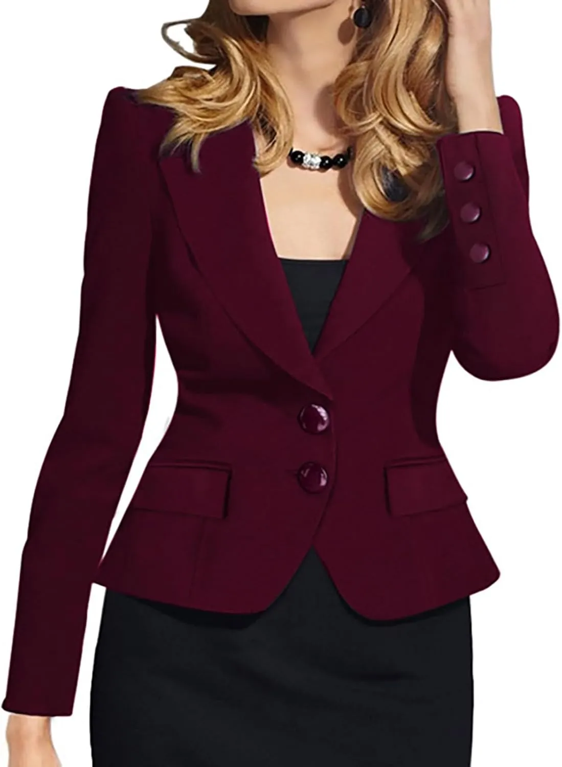 Women's Casual Work Office Blazer Double Notch Lapel Sharp Shoulder Pad Single Tunic Button Peplum Comfy Suit Jacket