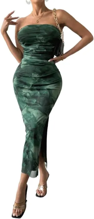 Women's Mesh Floral Strapless Bodycon Maxi Dress Ruched Long Tube Dresses Summe Sexy Party Club Dress Y2K Dresses