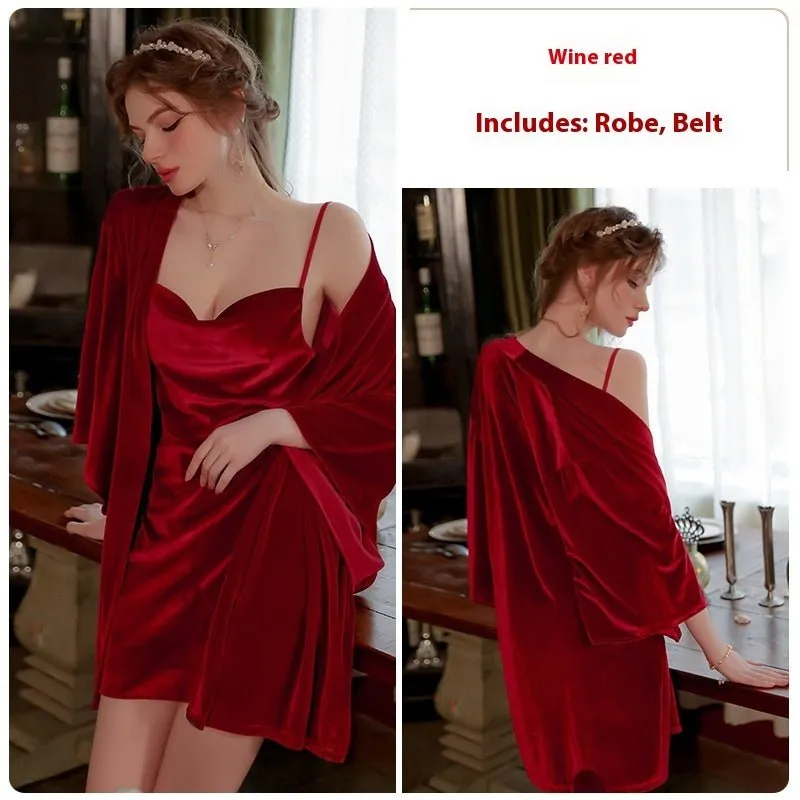 Women's velvet nightgown with a charming slit