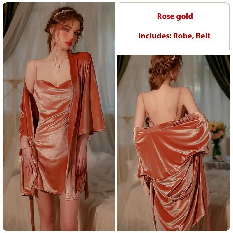 Women's velvet nightgown with a charming slit