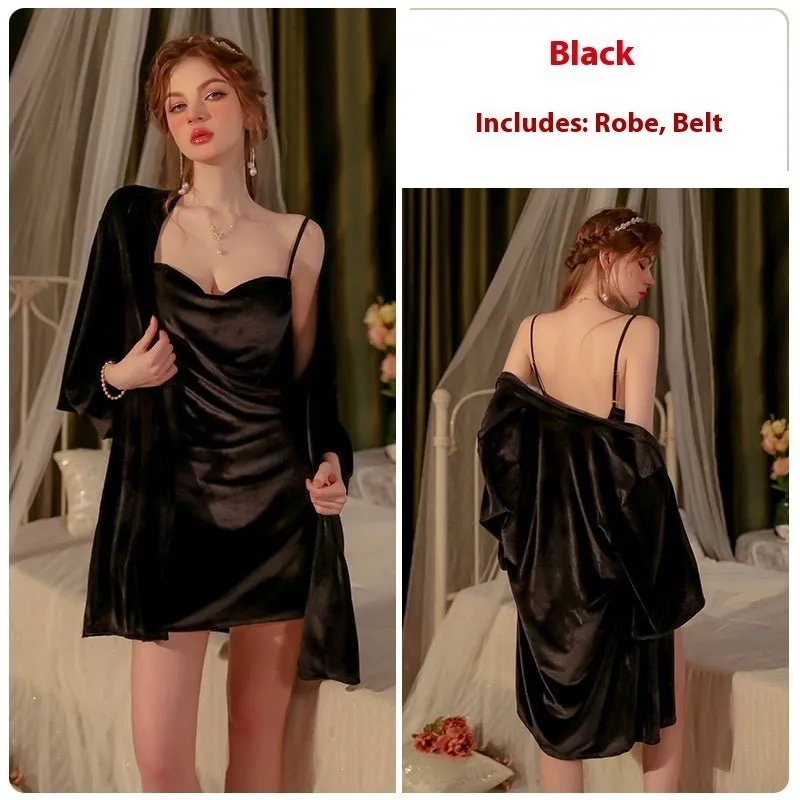 Women's velvet nightgown with a charming slit