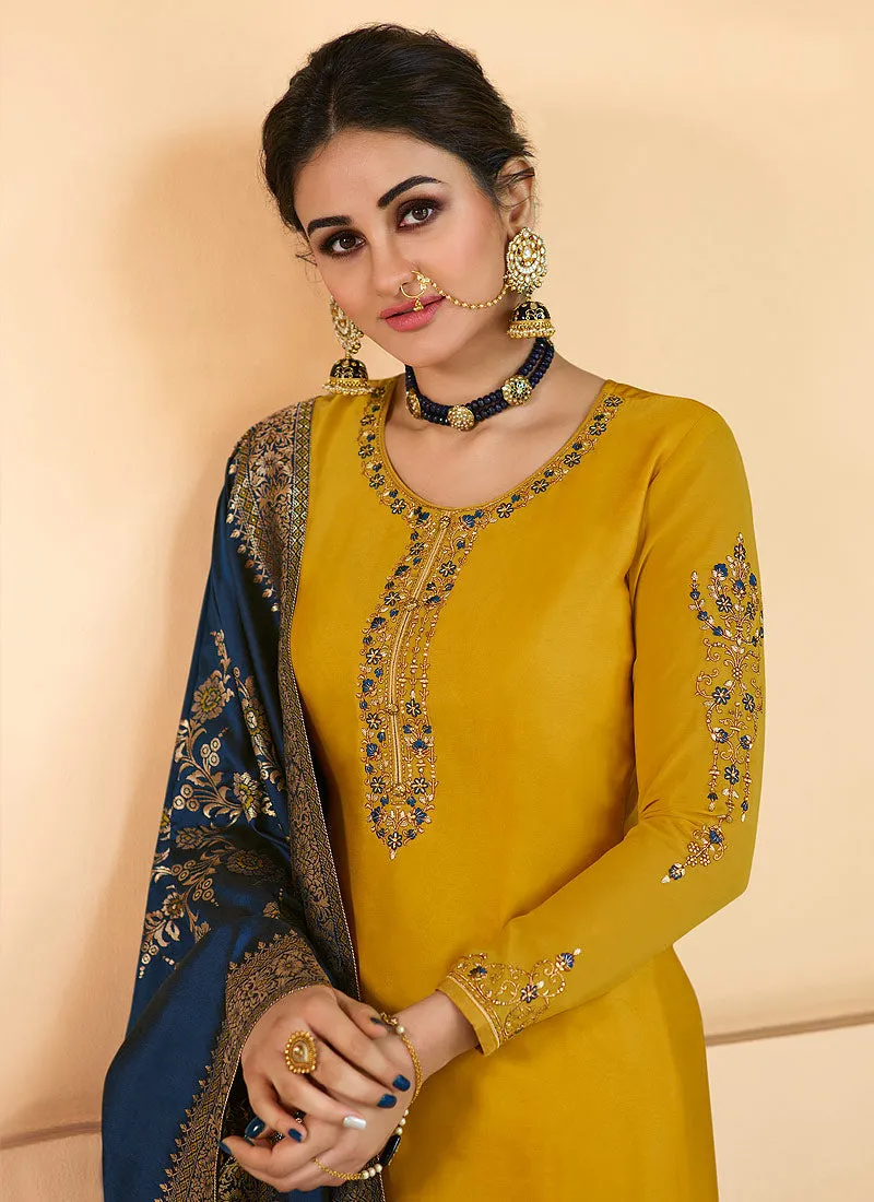 Yellow And Blue Embroidered Pant Style Suit